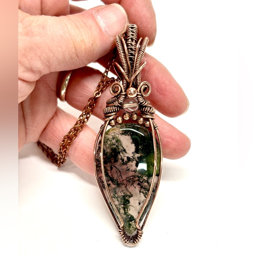 HANDMADE MOSS Agate & Clear Quartz Hand Wrapped Copper Statement Necklace, Gift - Picture 7 of 10